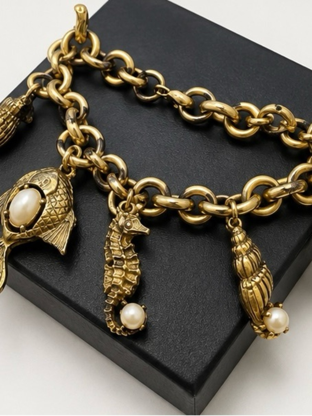 Vintage Matt Gold Sea Life Charm Bracelet | Faux Pearl Nautical Statement Piece